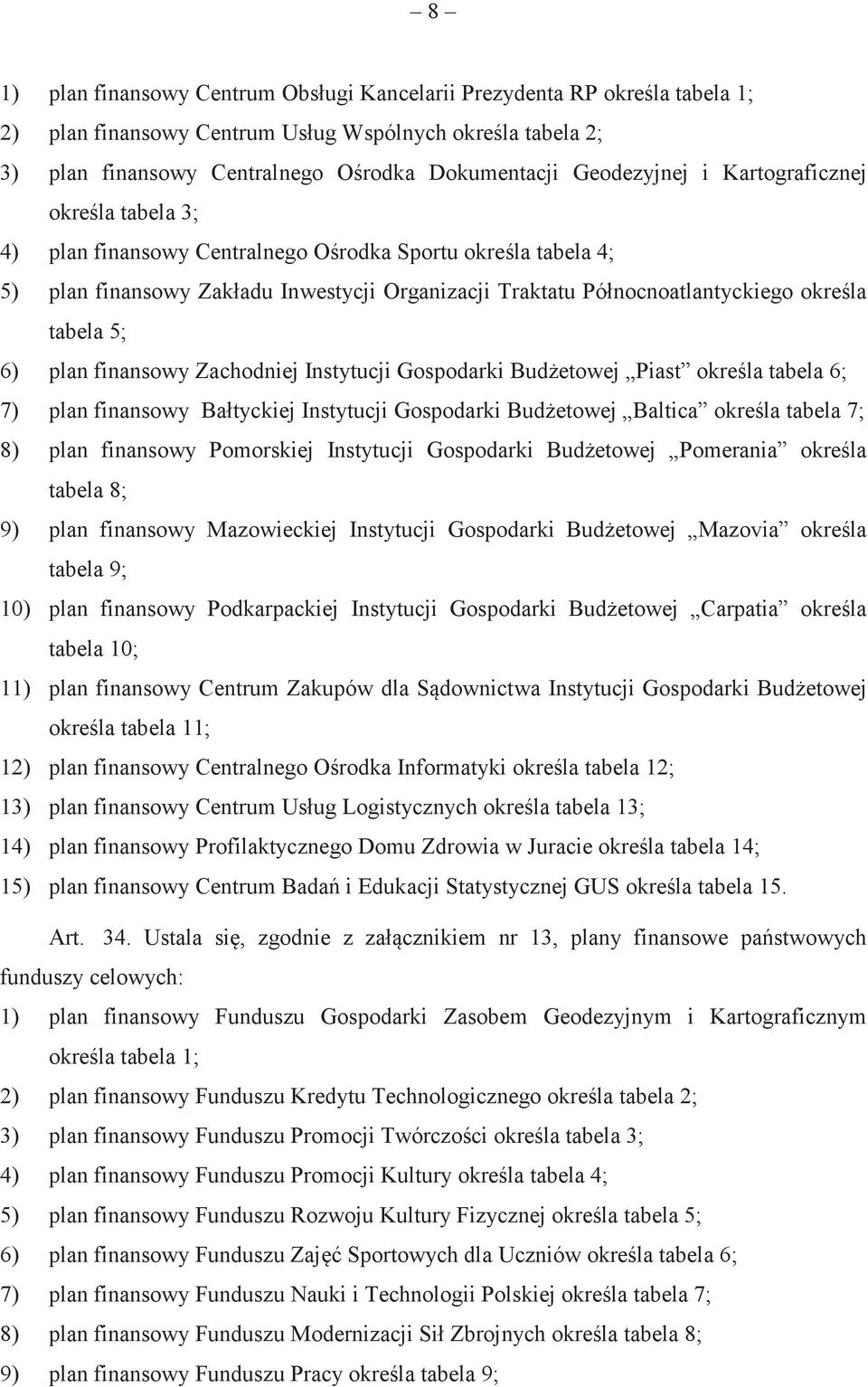 plan finansowy Zachodniej Instytucji Gospodarki Budetowej Piast okrela tabela 6; 7) plan finansowy Bałtyckiej Instytucji Gospodarki Budetowej Baltica okrela tabela 7; 8) plan finansowy Pomorskiej