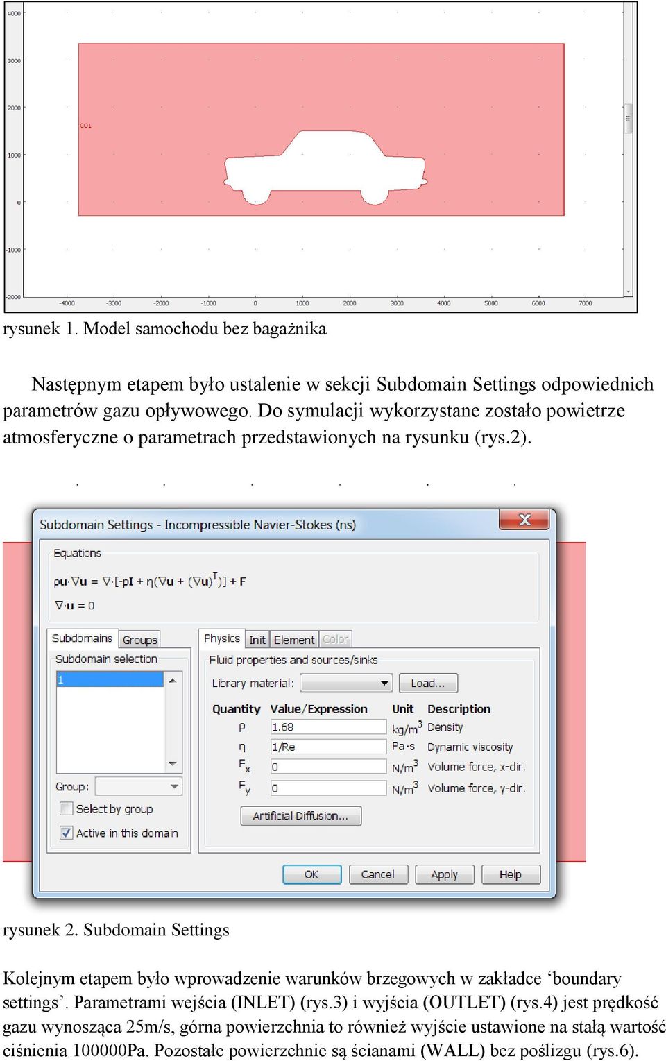 Subdomain Settings Kolejnym etapem było wprowadzenie warunków brzegowych w zakładce boundary settings. Parametrami wejścia (INLET) (rys.