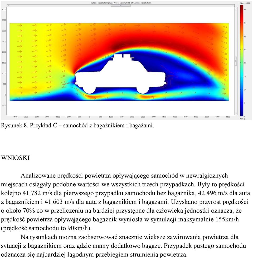 782 m/s dla pierwszego przypadku samochodu bez bagażnika, 42.496 m/s dla auta z bagażnikiem i 41.603 m/s dla auta z bagażnikiem i bagażami.