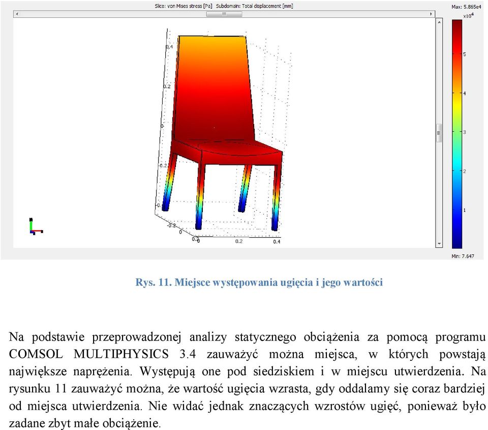 programu COMSOL MULTIPHYSICS 3.4 zauważyć można miejsca, w których powstają największe naprężenia.