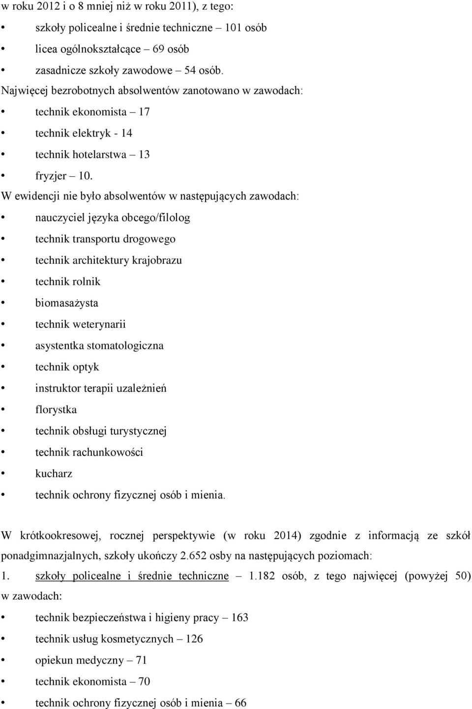 W ewidencji nie było absolwentów w następujących zawodach: nauczyciel języka obcego/filolog technik transportu drogowego technik architektury krajobrazu technik rolnik biomasażysta technik