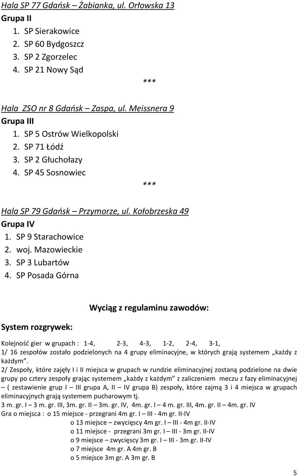 SP Posada Górna System rozgrywek: Wyciąg z regulaminu zawodów: Kolejność gier w grupach : 1-4, 2-3, 4-3, 1-2, 2-4, 3-1, 1/ 16 zespołów zostało podzielonych na 4 grupy eliminacyjne, w których grają