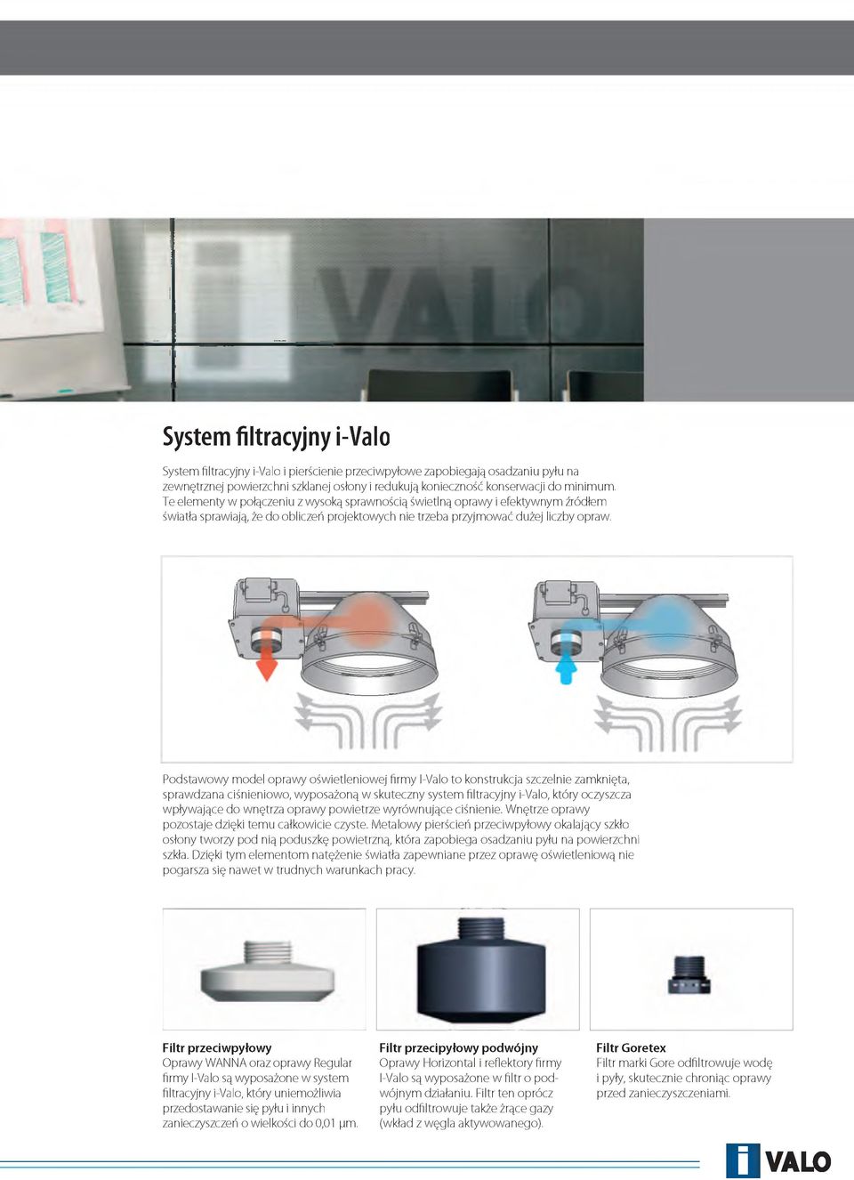 Podstaw ow y model opraw y oświetleniowej firmy I-Valo to konstrukcja szczelnie zamknięta, sprawdzana ciśnieniowo, w yposażoną w skuteczny system filtracyjny i-valo, który oczyszcza w pływ ające do