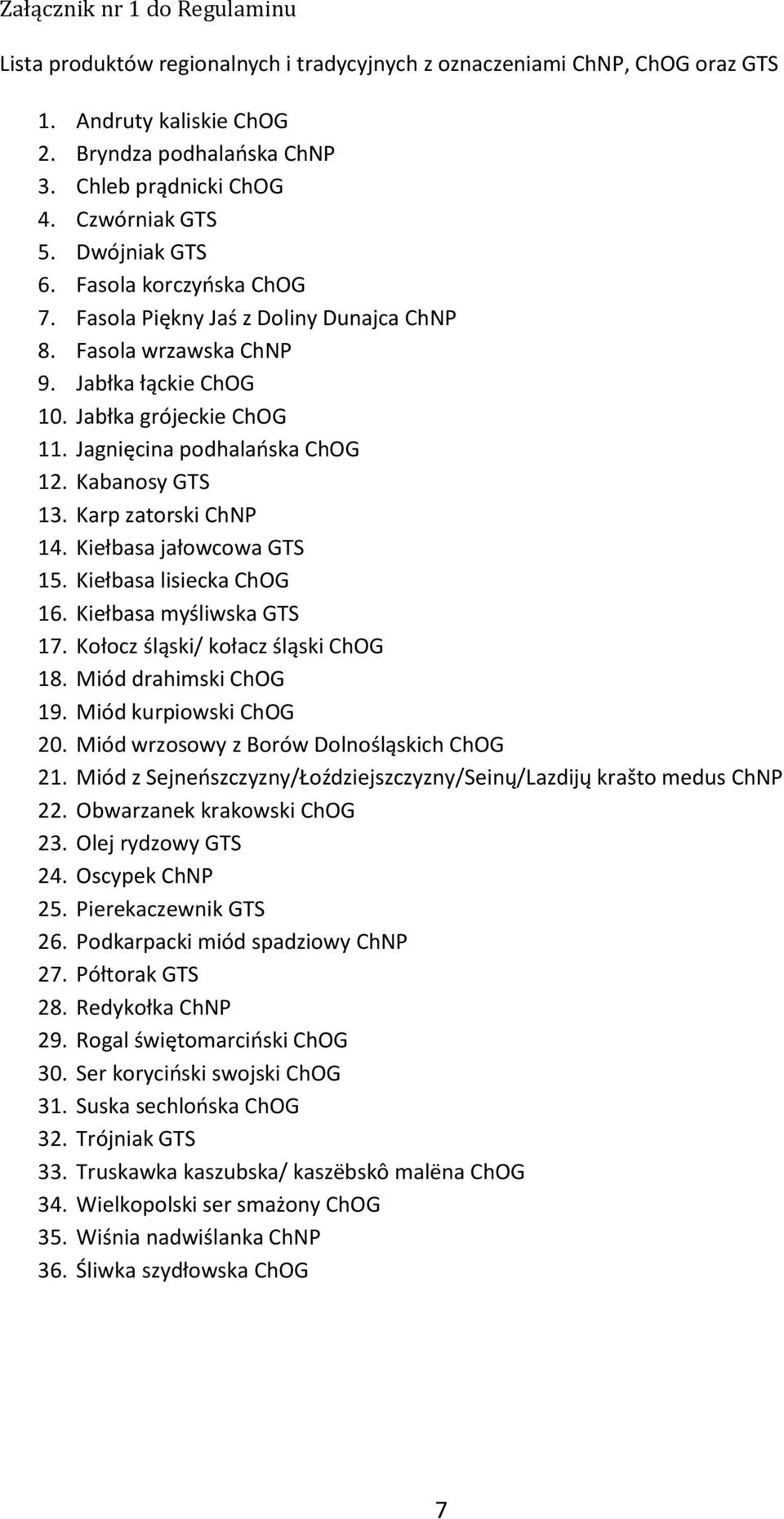 Jagnięcina podhalańska ChOG 12. Kabanosy GTS 13. Karp zatorski ChNP 14. Kiełbasa jałowcowa GTS 15. Kiełbasa lisiecka ChOG 16. Kiełbasa myśliwska GTS 17. Kołocz śląski/ kołacz śląski ChOG 18.