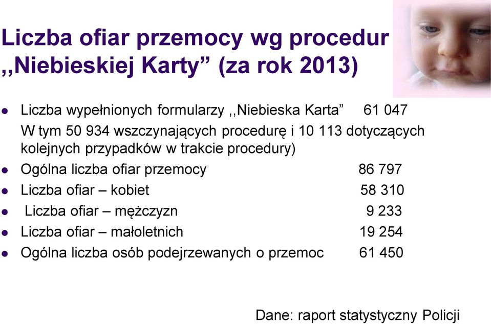 przypadków w trakcie procedury) Ogólna liczba ofiar przemocy 86 797 Liczba ofiar kobiet 58 310 Liczba ofiar