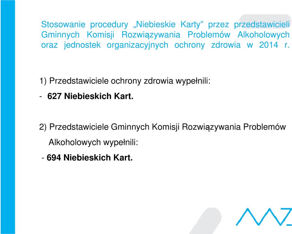 2014 r. 1) Przedstawiciele ochrony zdrowia wypełnili: - 627 Niebieskich Kart.