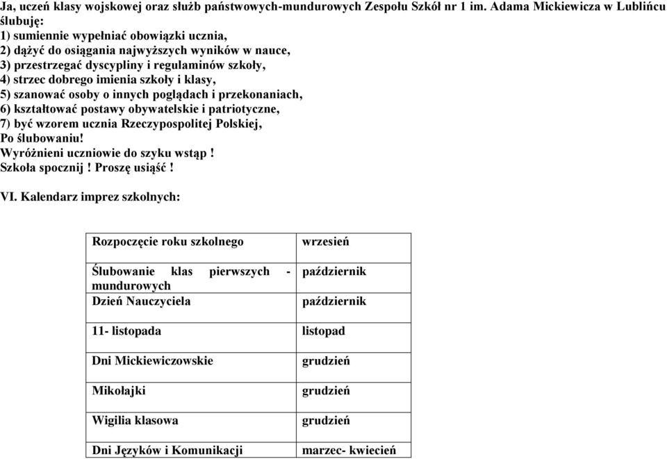 imienia szkoły i klasy, 5) szanować osoby o innych poglądach i przekonaniach, 6) kształtować postawy obywatelskie i patriotyczne, 7) być wzorem ucznia Rzeczypospolitej Polskiej, Po ślubowaniu!