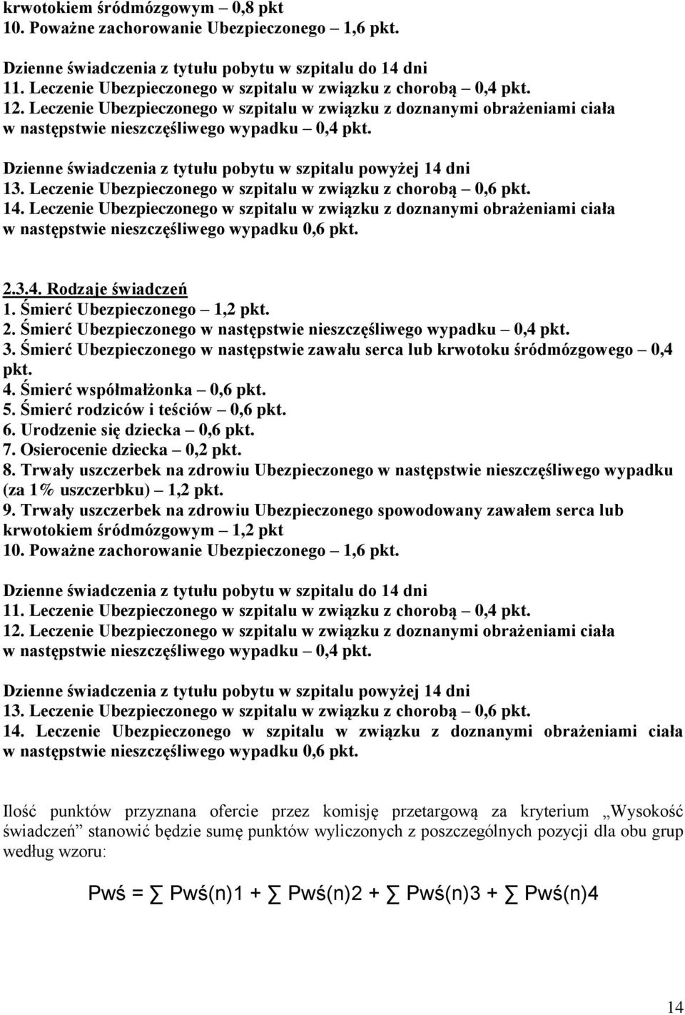 Dzienne świadczenia z tytułu pobytu w szpitalu powyżej 14 dni 13. Leczenie Ubezpieczonego w szpitalu w związku z chorobą 0,6 pkt. 14. Leczenie Ubezpieczonego w szpitalu w związku z doznanymi obrażeniami ciała w następstwie nieszczęśliwego wypadku 0,6 pkt.