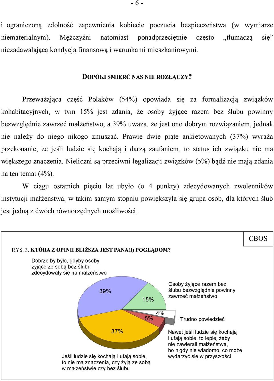 Przeważająca część Polaków (54%) opowiada się za formalizacją związków kohabitacyjnych, w tym 15% jest zdania, że osoby żyjące razem bez ślubu powinny bezwzględnie zawrzeć małżeństwo, a 39% uważa, że
