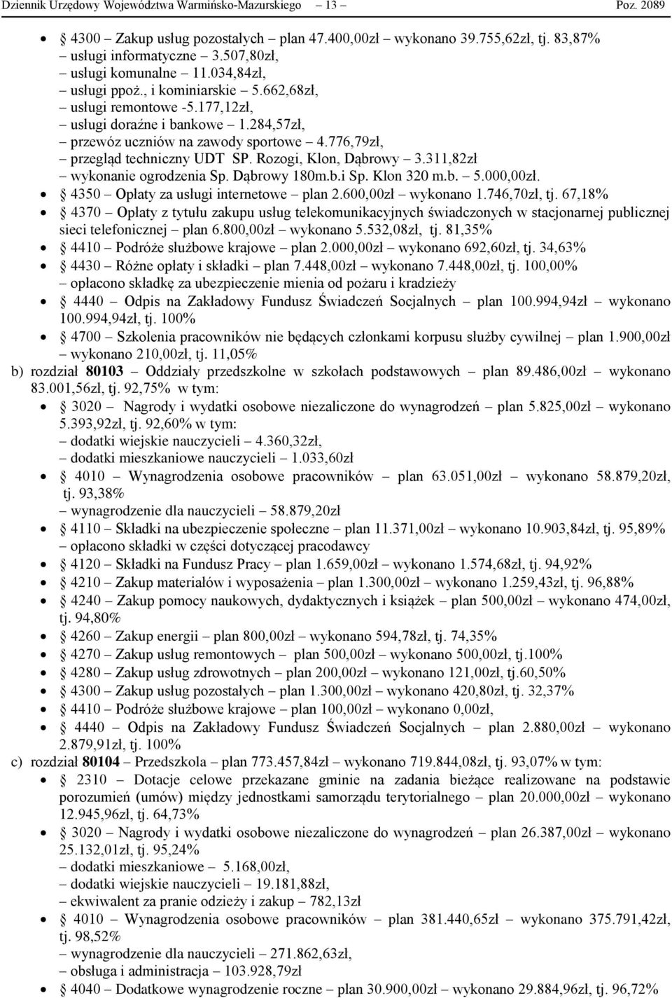 Rozogi, Klon, Dąbrowy 3.311,82zł wykonanie ogrodzenia Sp. Dąbrowy 180m.b.i Sp. Klon 320 m.b. 5.000,00zł. 4350 Opłaty za usługi internetowe plan 2.600,00zł wykonano 1.746,70zł, tj.