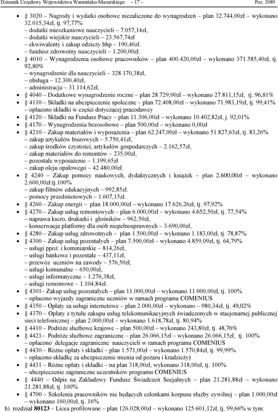 4010 Wynagrodzenia osobowe pracowników plan 400.420,00zł wykonano 371.585,40zł, tj. 92,80% wynagrodzenie dla nauczycieli 328.170,38zł, obsługa 12.300,40zł, administracja 31.