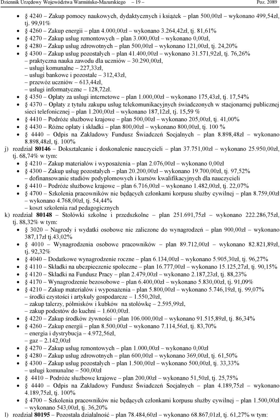 24,20% 4300 Zakup usług pozostałych plan 41.400,00zł wykonano 31.571,92zł, tj. 76,26% praktyczna nauka zawodu dla uczniów 30.