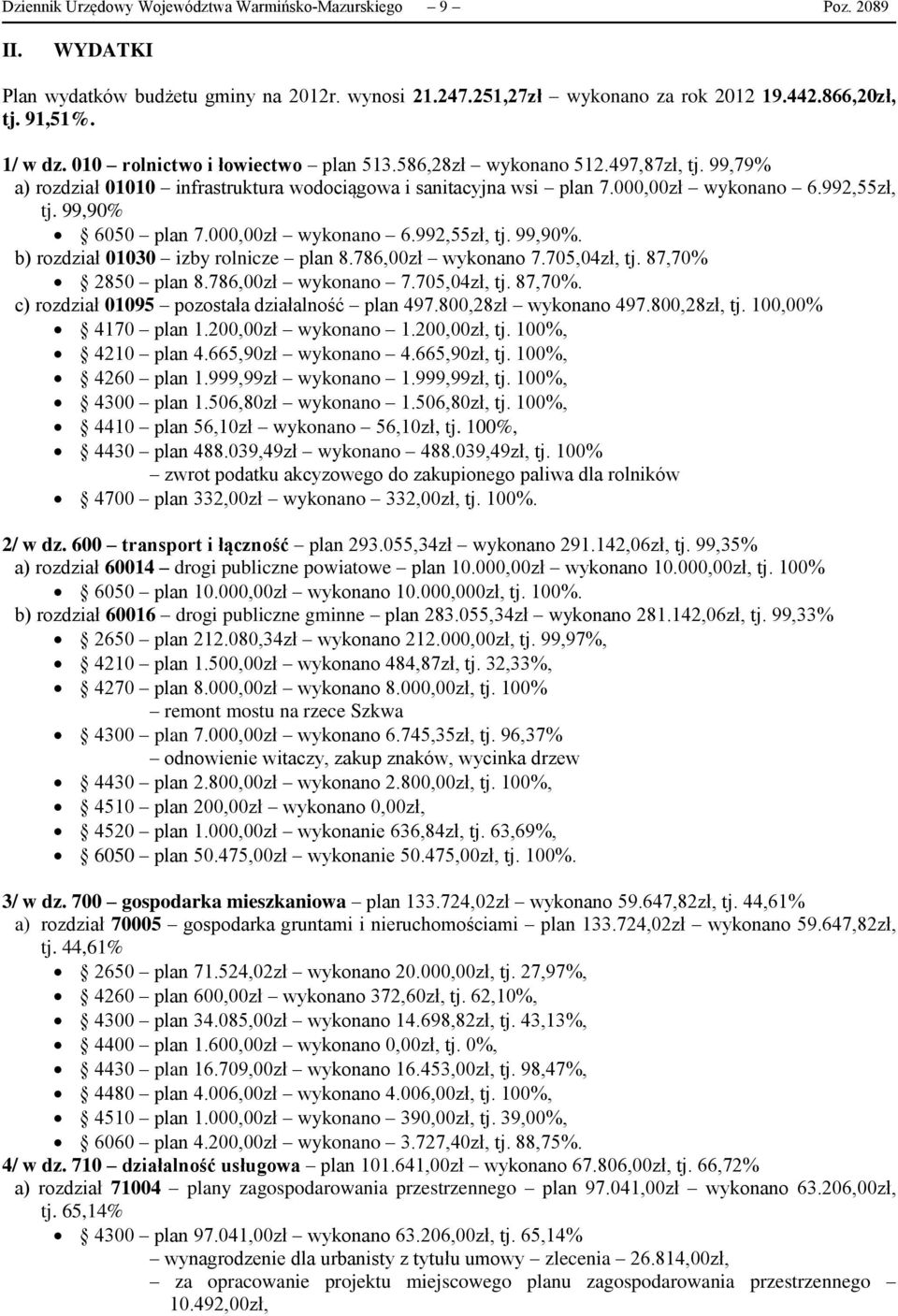 99,90% 6050 plan 7.000,00zł wykonano 6.992,55zł, tj. 99,90%. b) rozdział 01030 izby rolnicze plan 8.786,00zł wykonano 7.705,04zł, tj. 87,70% 2850 plan 8.786,00zł wykonano 7.705,04zł, tj. 87,70%. c) rozdział 01095 pozostała działalność plan 497.