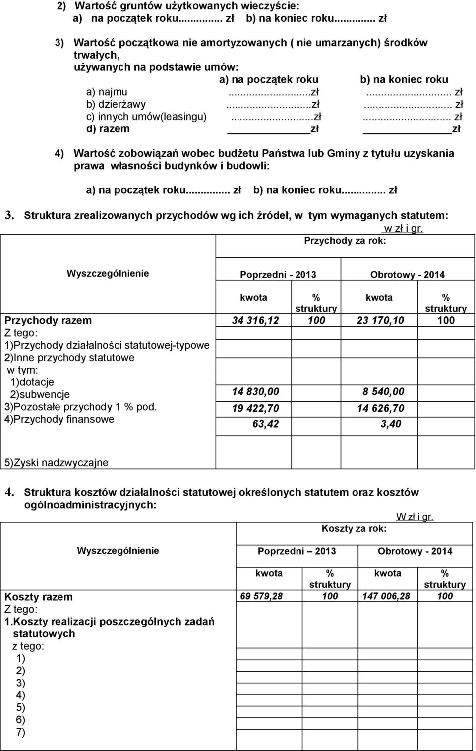 ..zł... zł d) razem zł zł Wartość zobowiązań wobec budżetu Państwa lub Gminy z tytułu uzyskania prawa własności budynków i budowli: a) na początek... zł b) na koniec... zł 3.