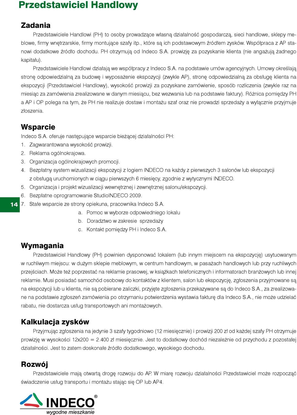 Przedstawiciele Handlowi działają we współpracy z Indeco S.A. na podstawie umów agencyjnych.