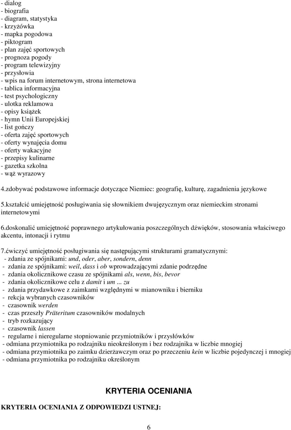 - przepisy kulinarne - gazetka szkolna - wąż wyrazowy 4.zdobywać podstawowe informacje dotyczące Niemiec: geografię, kulturę, zagadnienia językowe 5.