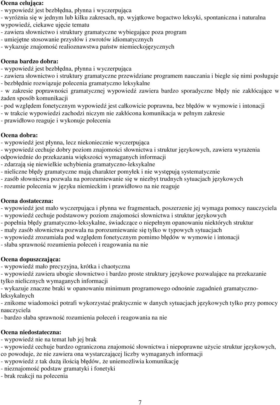 idiomatycznych - wykazuje znajomość realioznawstwa państw niemieckojęzycznych Ocena bardzo dobra: - wypowiedź jest bezbłędna, płynna i wyczerpująca - zawiera słownictwo i struktury gramatyczne