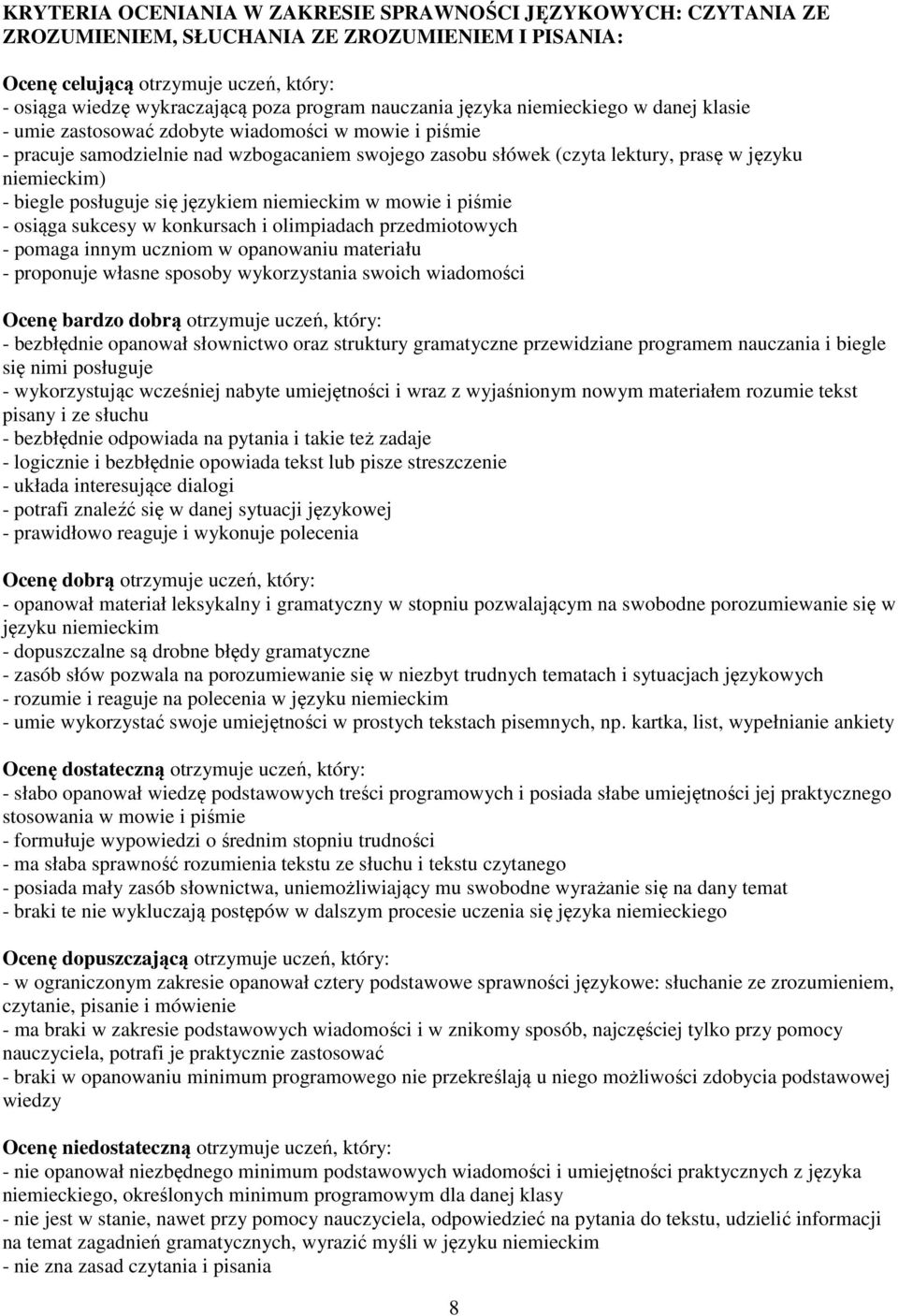 niemieckim) - biegle posługuje się językiem niemieckim w mowie i piśmie - osiąga sukcesy w konkursach i olimpiadach przedmiotowych - pomaga innym uczniom w opanowaniu materiału - proponuje własne