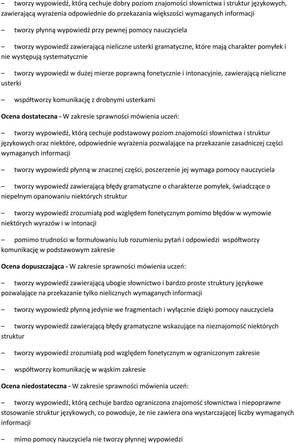 fonetycznie i intonacyjnie, zawierającą nieliczne usterki współtworzy komunikację z drobnymi usterkami Ocena dostateczna - W zakresie sprawności mówienia uczeo: tworzy wypowiedź, którą cechuje