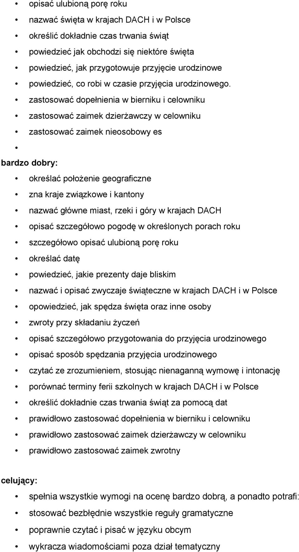 zastosować dopełnienia w bierniku i celowniku zastosować zaimek dzierżawczy w celowniku zastosować zaimek nieosobowy es określać położenie geograficzne zna kraje związkowe i kantony nazwać główne