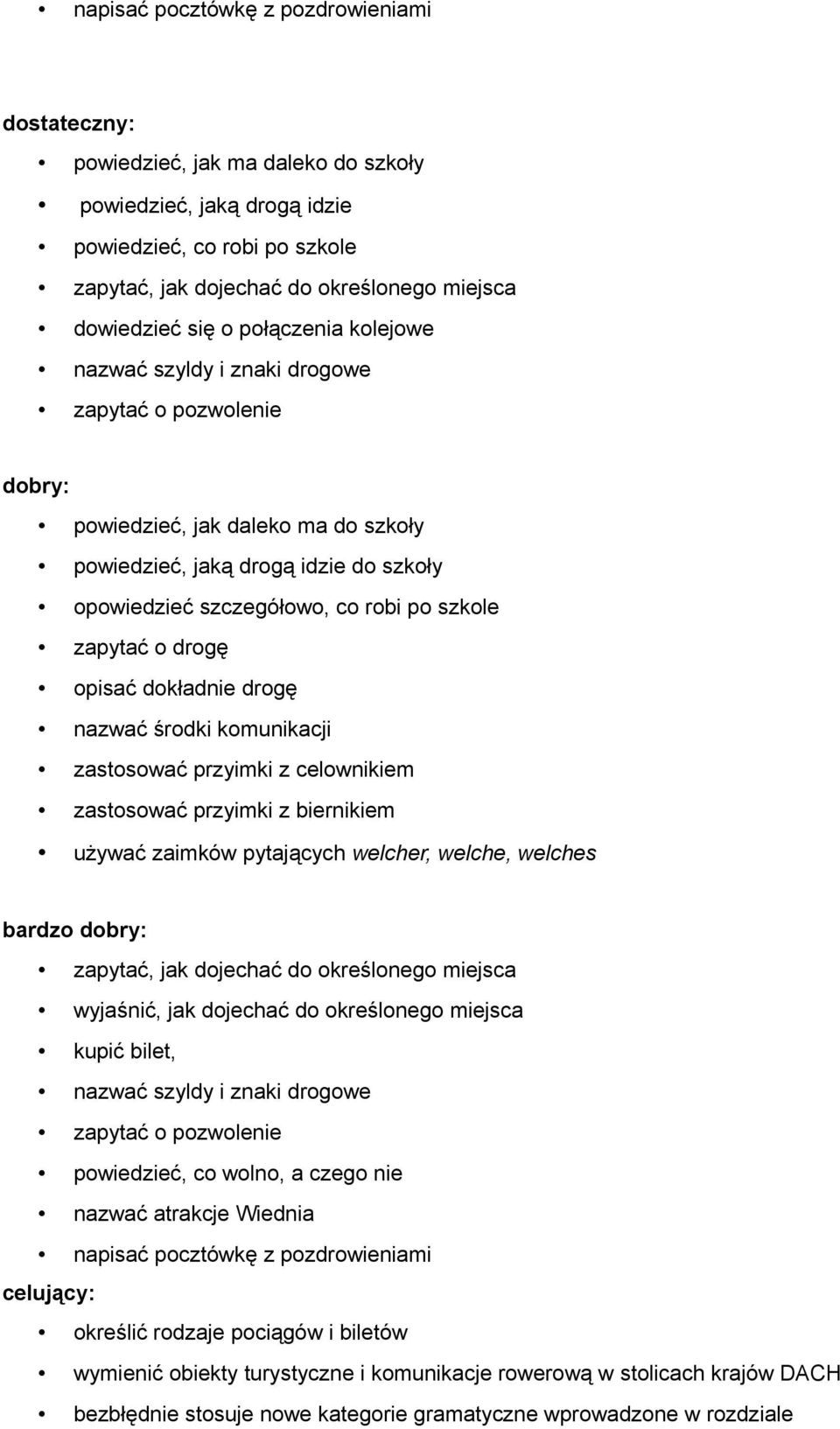 drogę opisać dokładnie drogę nazwać środki komunikacji zastosować przyimki z celownikiem zastosować przyimki z biernikiem używać zaimków pytających welcher, welche, welches zapytać, jak dojechać do