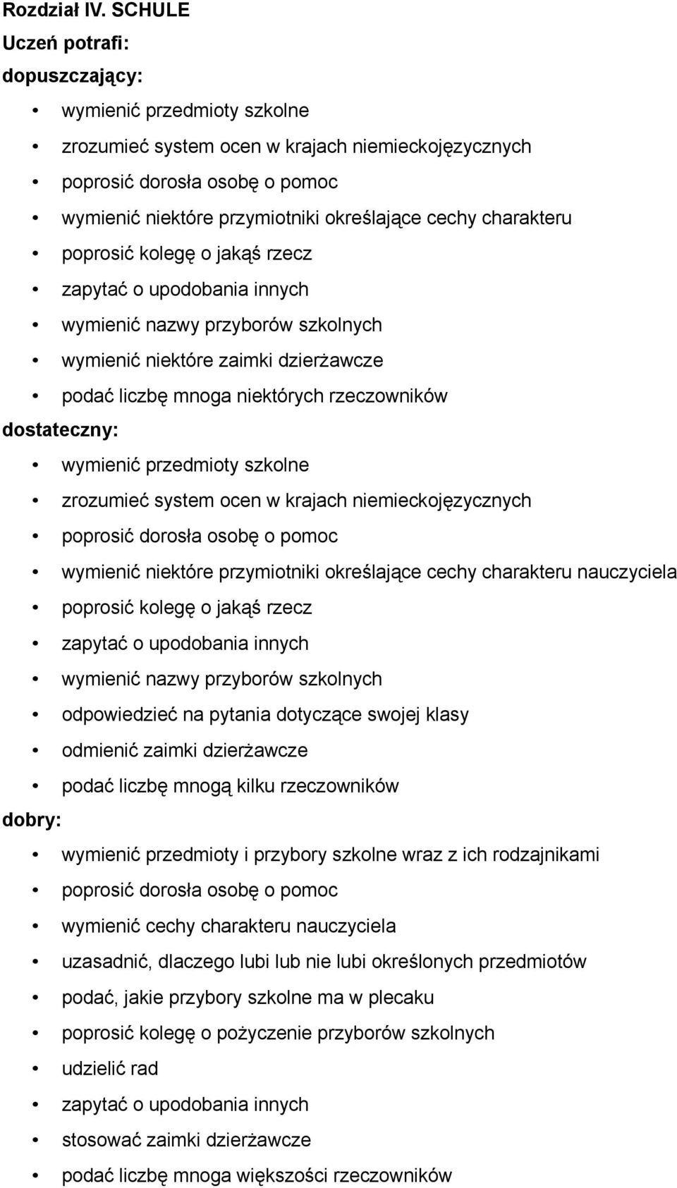 jakąś rzecz zapytać o upodobania innych wymienić nazwy przyborów szkolnych wymienić niektóre zaimki dzierżawcze podać liczbę mnoga niektórych rzeczowników wymienić przedmioty szkolne zrozumieć system