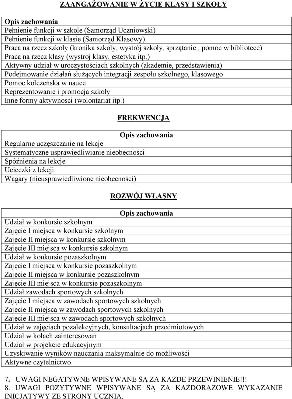 ) Aktywny udział w uroczystościach szkolnych (akademie, przedstawienia) Podejmowanie działań służących integracji zespołu szkolnego, klasowego Pomoc koleżeńska w nauce Reprezentowanie i promocja