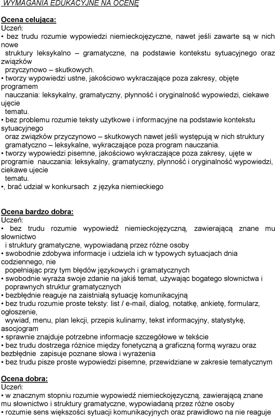 tworzy wypowiedzi ustne, jakościowo wykraczające poza zakresy, objęte programem nauczania: leksykalny, gramatyczny, płynność i oryginalność wypowiedzi, ciekawe ujęcie tematu.