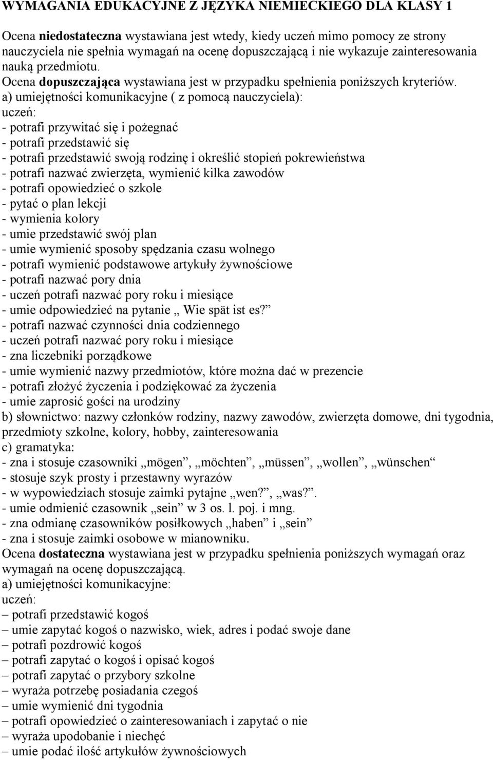 a) umiejętności komunikacyjne ( z pomocą nauczyciela): - potrafi przywitać się i pożegnać - potrafi przedstawić się - potrafi przedstawić swoją rodzinę i określić stopień pokrewieństwa - potrafi