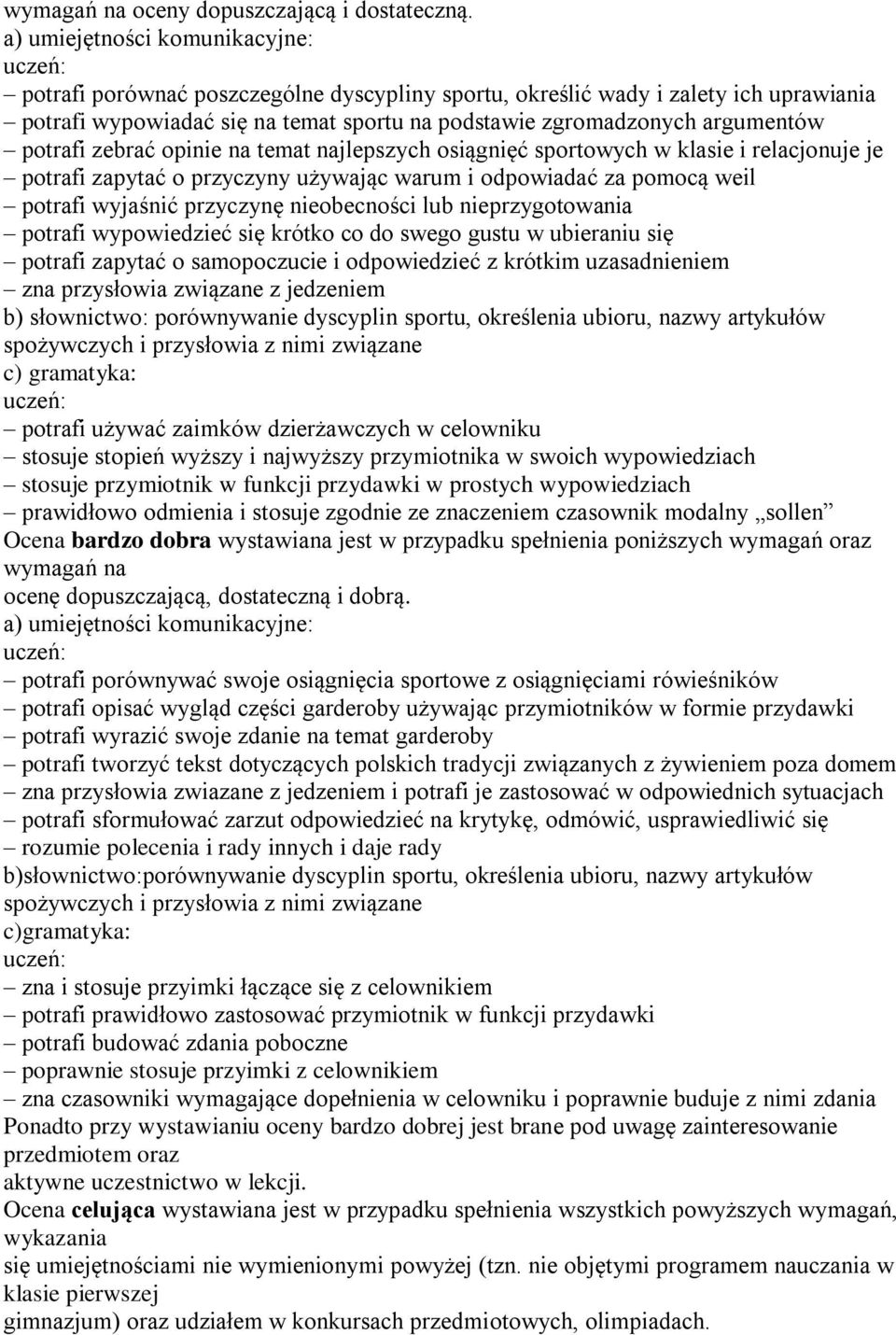 najlepszych osiągnięć sportowych w klasie i relacjonuje je potrafi zapytać o przyczyny używając warum i odpowiadać za pomocą weil potrafi wyjaśnić przyczynę nieobecności lub nieprzygotowania potrafi