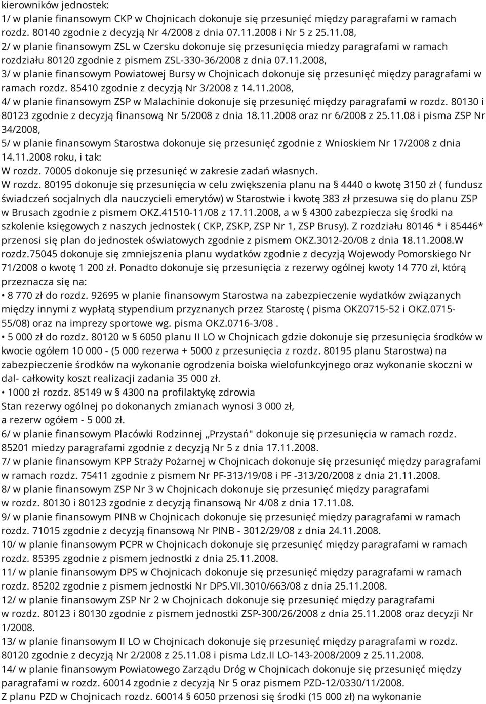 85410 zgodnie z decyzją Nr 3/2008 z 14.11.2008, 4/ w planie finansowym ZSP w Malachinie dokonuje się przesunięć między paragrafami w rozdz.