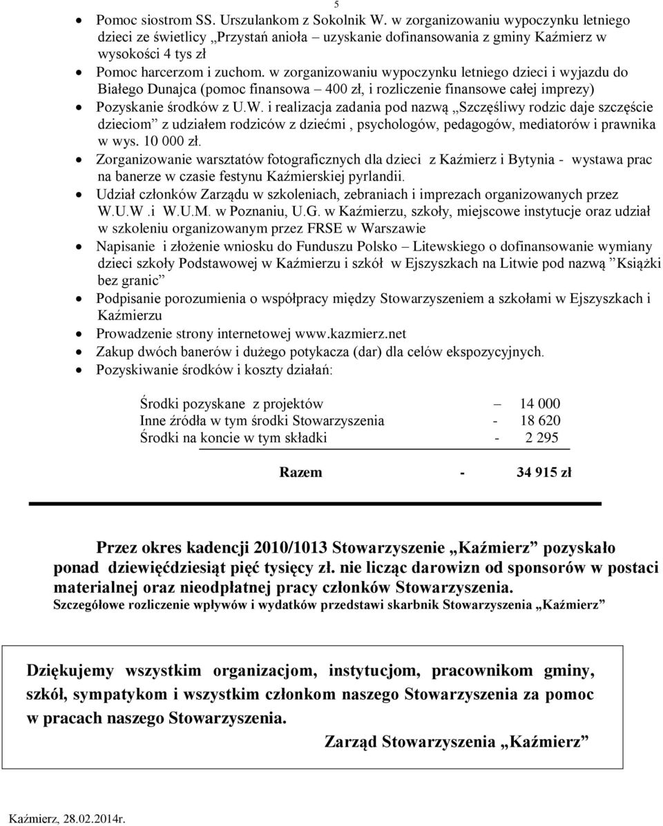 w zorganizowaniu wypoczynku letniego dzieci i wyjazdu do Białego Dunajca (pomoc finansowa 400 zł, i rozliczenie finansowe całej imprezy) Pozyskanie środków z U.W.