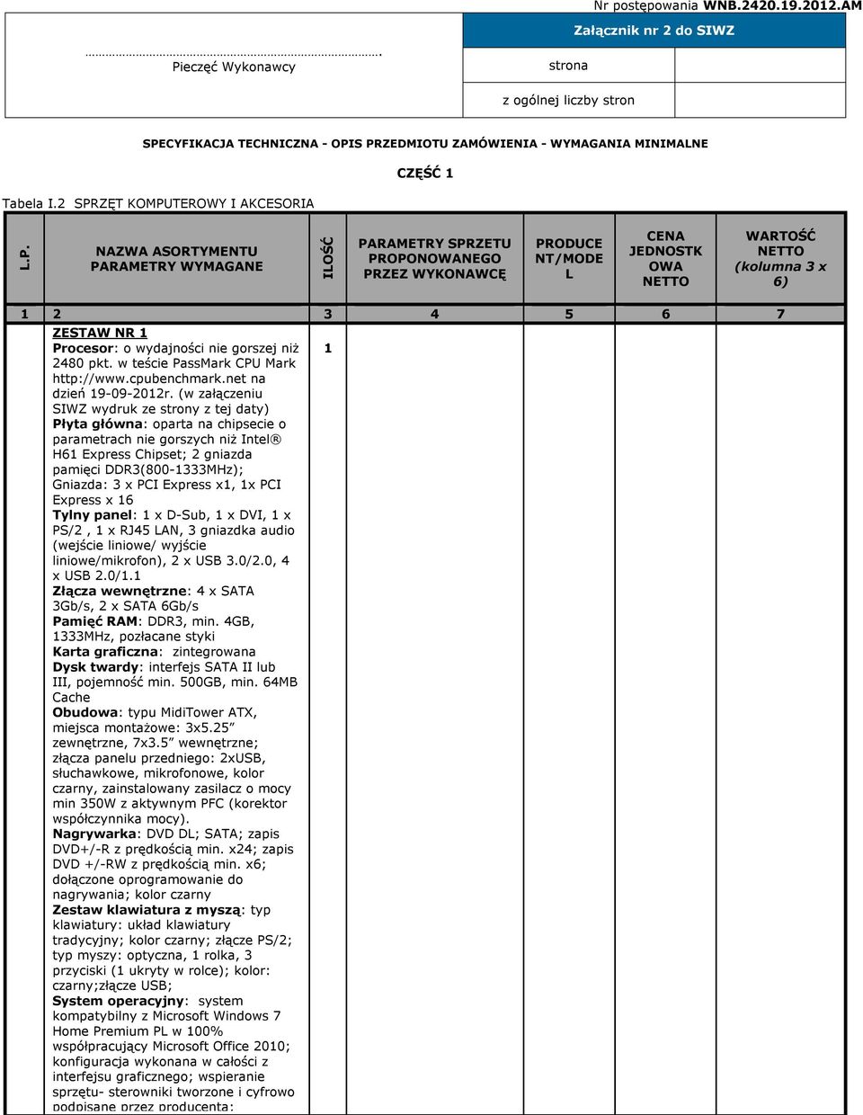 (kolumna 3 x 6) 1 2 3 4 5 6 7 ZESTAW NR 1 Procesor: o wydajności nie gorszej niż 2480 pkt. w teście PassMark CPU Mark http://www.cpubenchmark.net na dzień 19-09-2012r.