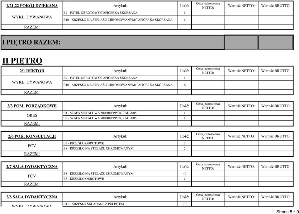 DYWANOWA B9 - FOTEL OBROTOWY/TAPICERKA SKÓRZANA 1 B10 - KRZESŁO NA STELAśU CHROMOWANYM/TAPICERKA SKÓRZANA 6 Wartość 2/3 POM.