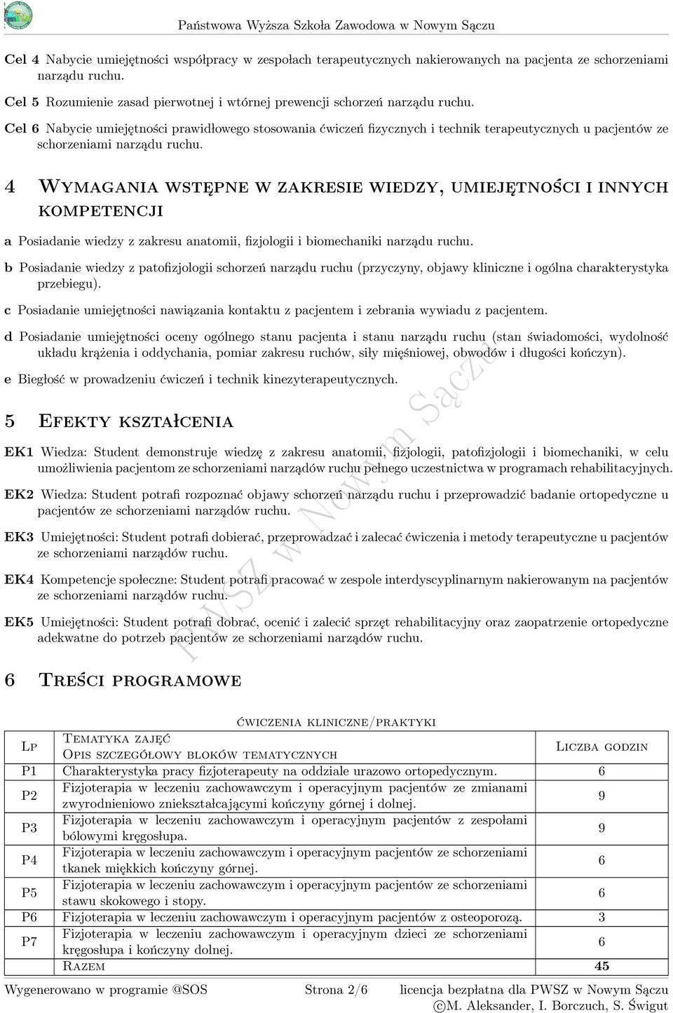 Posiadanie wiedzy z zakresu anatomii, fizjologii i biomechaniki narządu b Posiadanie wiedzy z patofizjologii schorzeń narządu ruchu (przyczyny, objawy kliniczne i ogólna charakterystyka przebiegu).