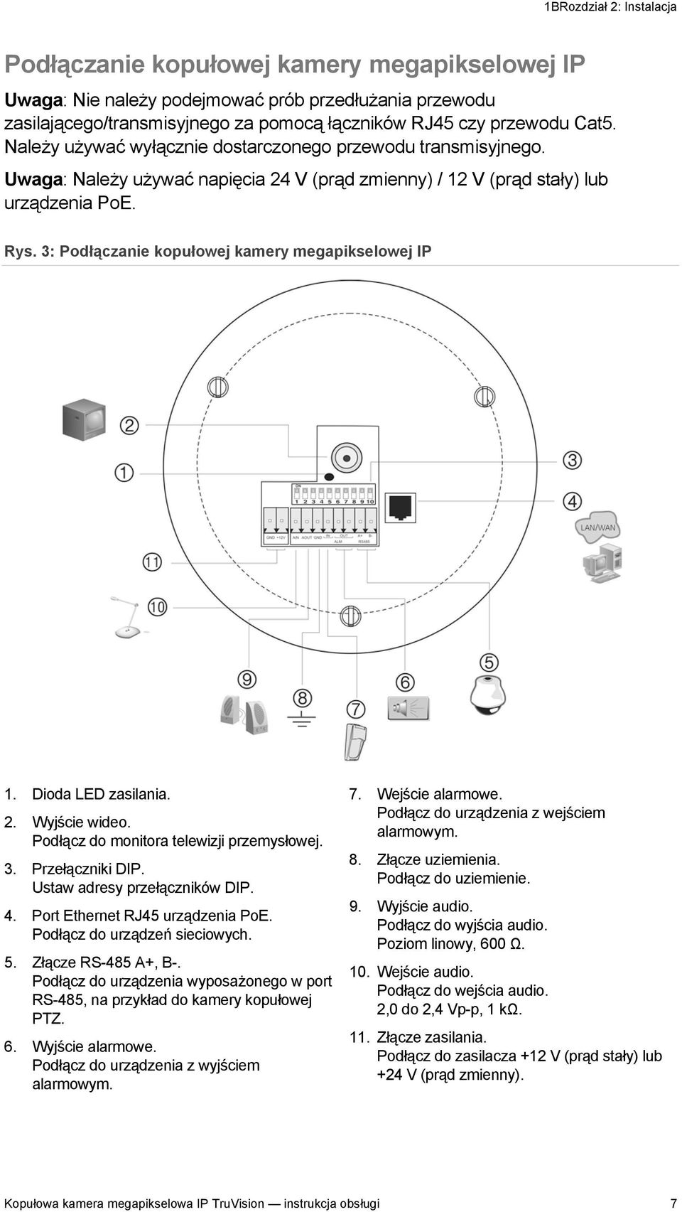 3: Podłączanie kopułowej kamery megapikselowej IP 1. Dioda LED zasilania. 2. Wyjście wideo. Podłącz do monitora telewizji przemysłowej. 3. Przełączniki DIP. Ustaw adresy przełączników DIP. 4.