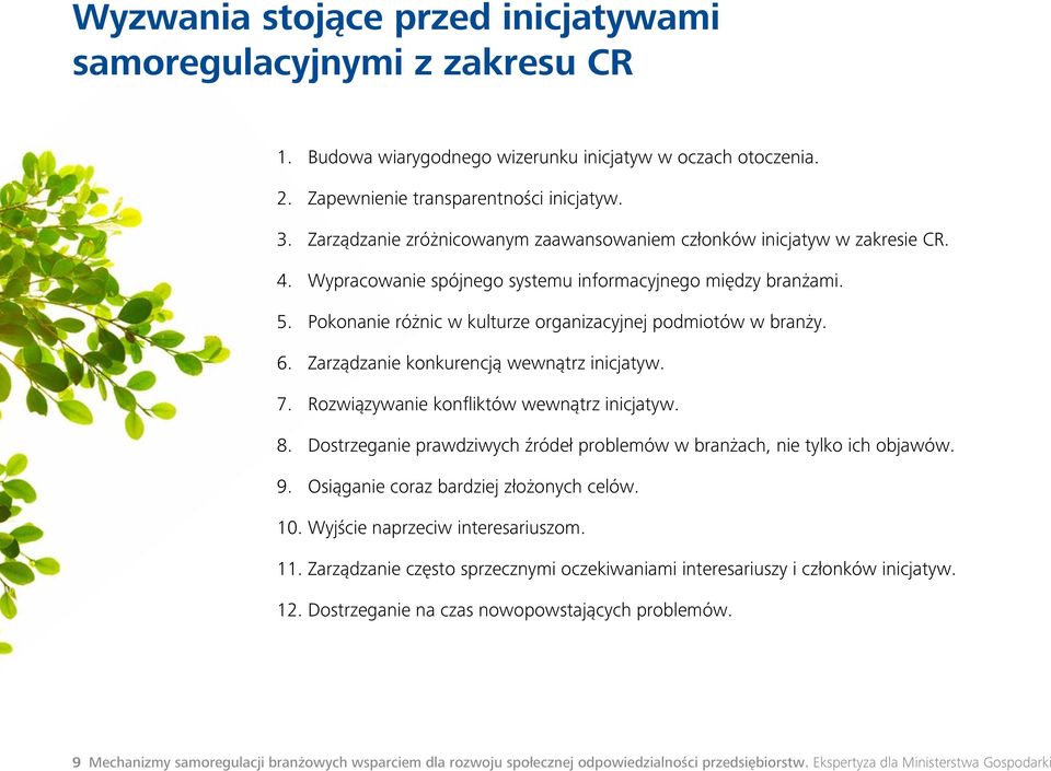 Pokonanie różnic w kulturze organizacyjnej podmiotów w branży. 6. Zarządzanie konkurencją wewnątrz inicjatyw. 7. Rozwiązywanie konfliktów wewnątrz inicjatyw. 8.