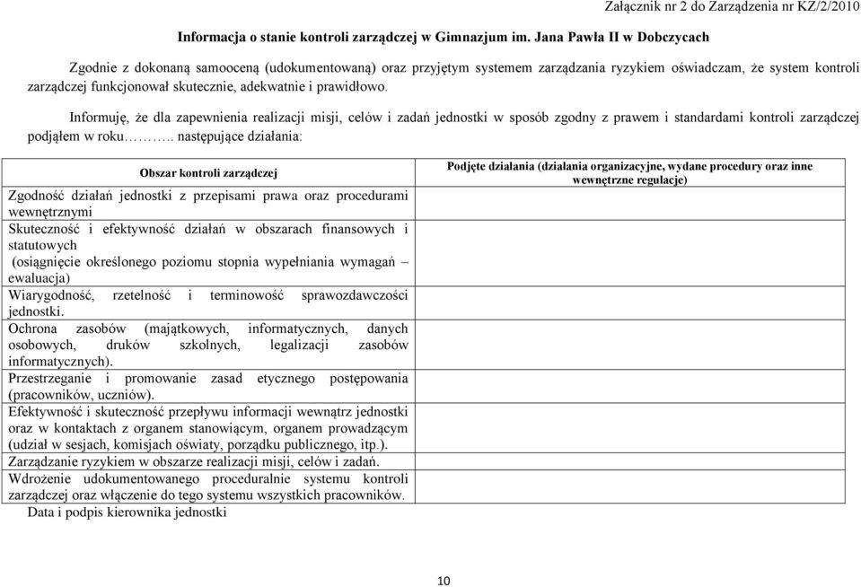 zarządczej funkcjonował skutecznie, adekwatnie i prawidłowo.