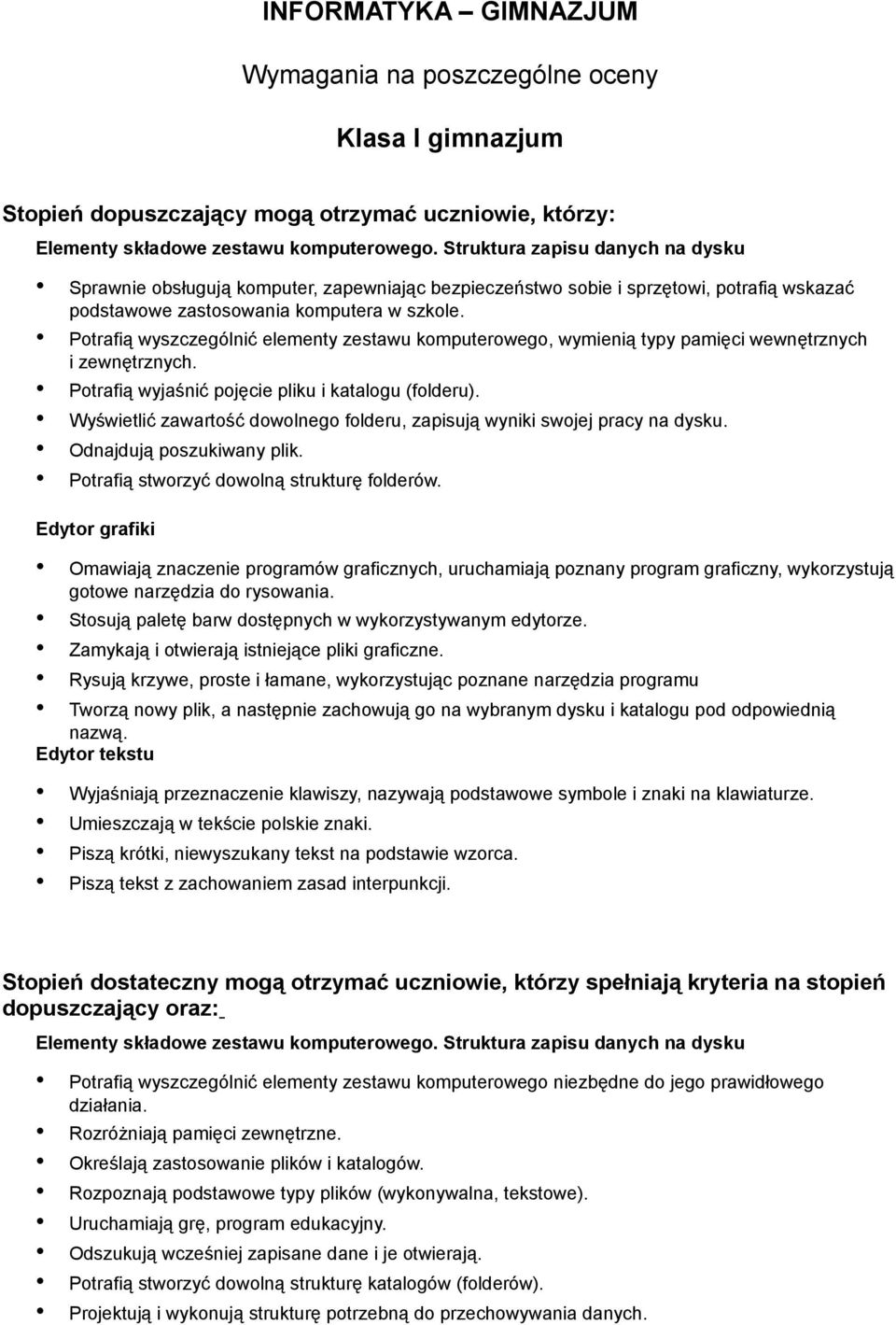 Potrafią wyszczególnić elementy zestawu komputerowego, wymienią typy pamięci wewnętrznych i zewnętrznych. Potrafią wyjaśnić pojęcie pliku i katalogu (folderu).