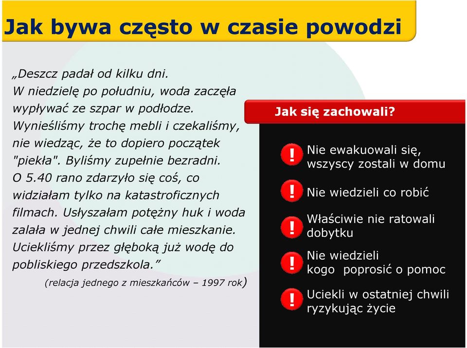 40 rano zdarzyło się coś, co widziałam tylko na katastroficznych filmach. Usłyszałam potęŝny huk i woda zalała w jednej chwili całe mieszkanie.