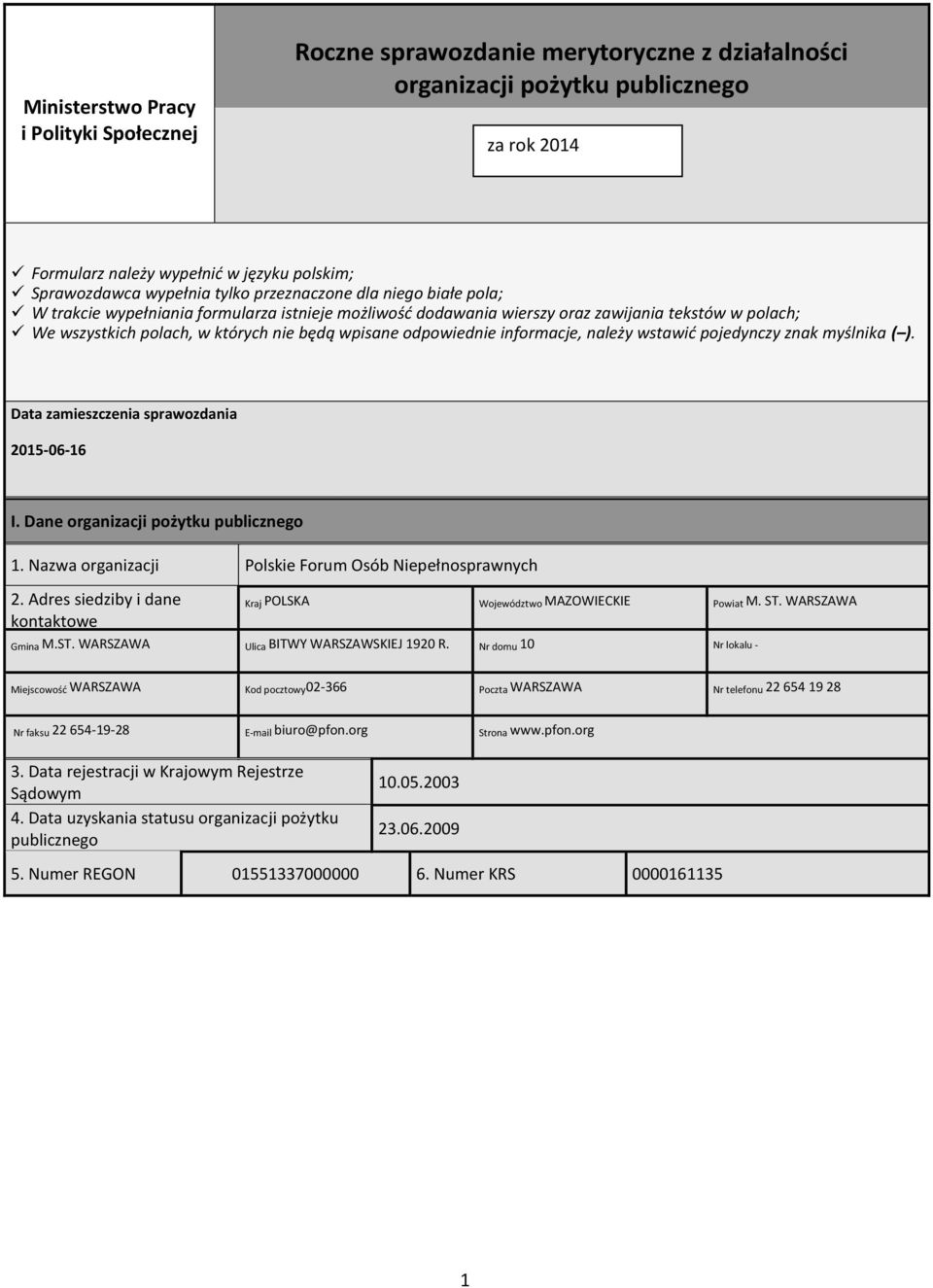 pojedynczy znak myślnika ( ). Data zamieszczenia spraozdania 2015-06-16 I. Dane organizacji pożytku publicznego 1. Naza organizacji Polskie Forum Osób Niepełnospranych 2.