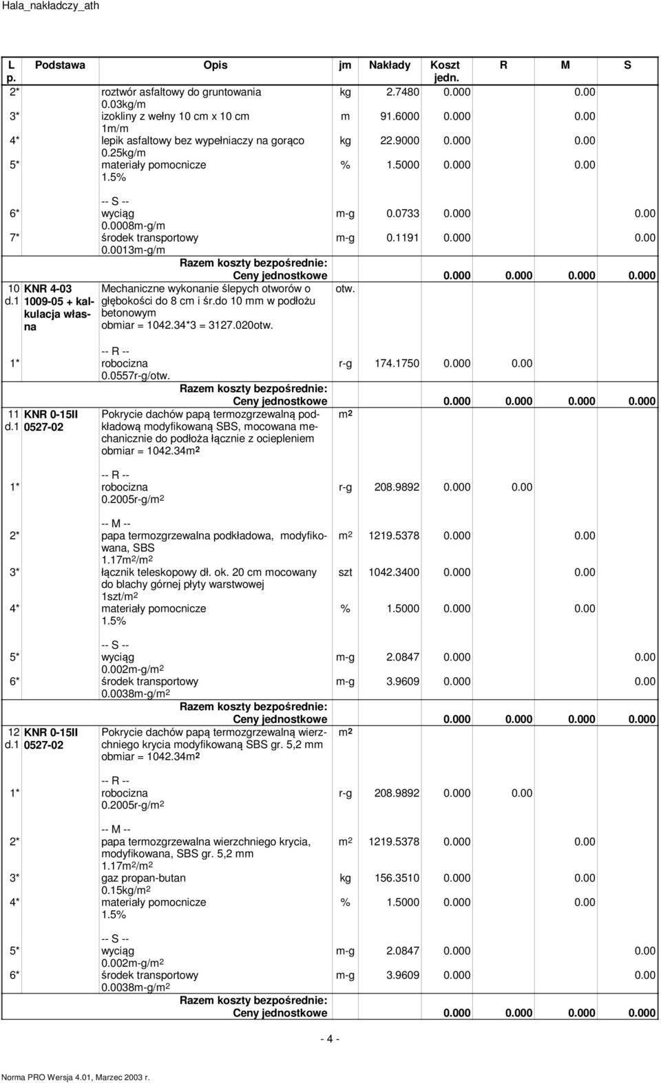 1 0527-02 Mechaniczne wykonanie ślepych otworów o głębokości do 8 cm i śr.do 10 mm w podłożu betonowym obmiar = 1042.34*3 = 3127.020otw. m-g 0.0733 0.000 0.00 m-g 0.1191 0.000 0.00 otw. r-g 174.