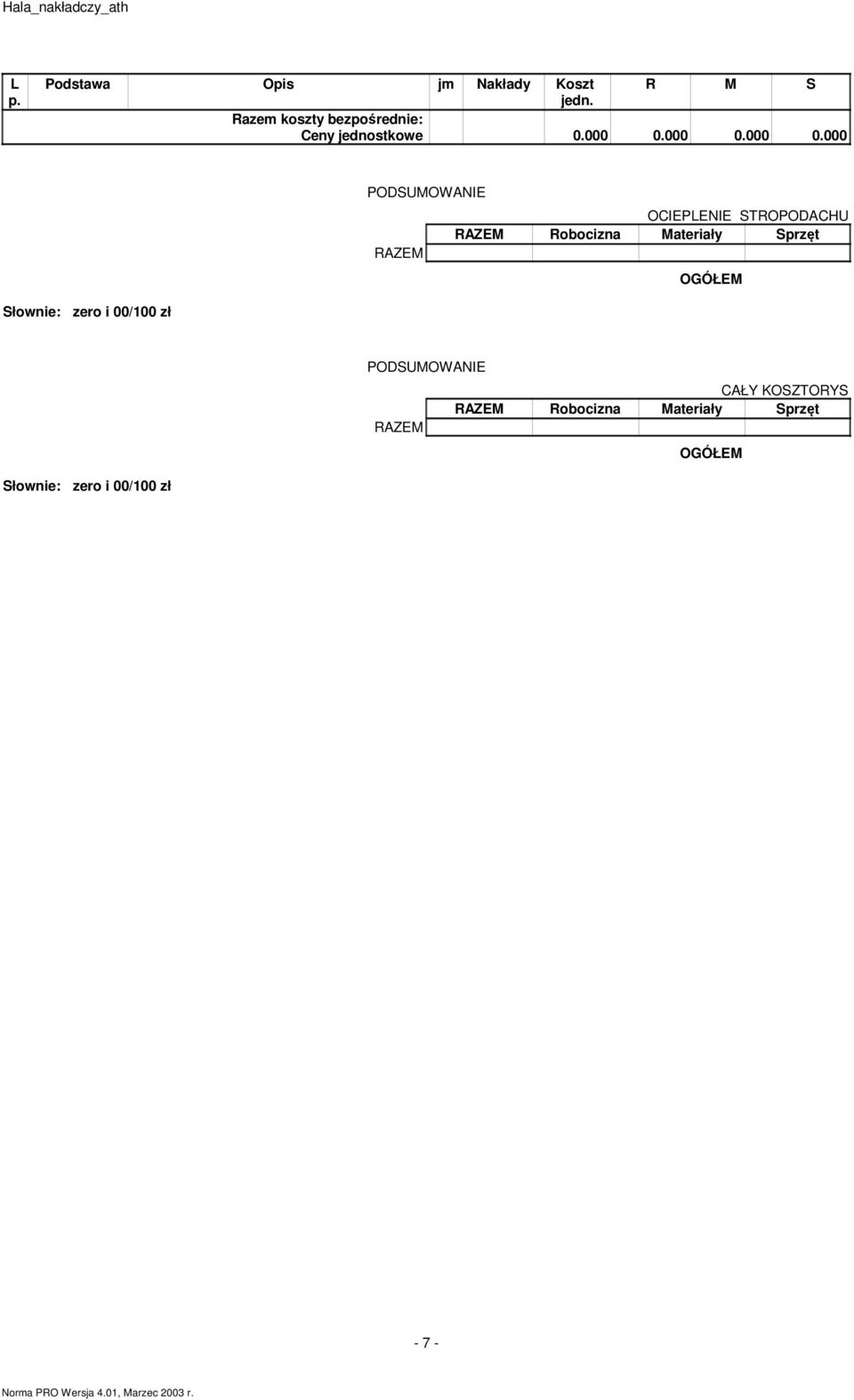 Słownie: zero i 00/100 zł PODSUMOWANIE RAZEM CAŁY KOSZTORYS