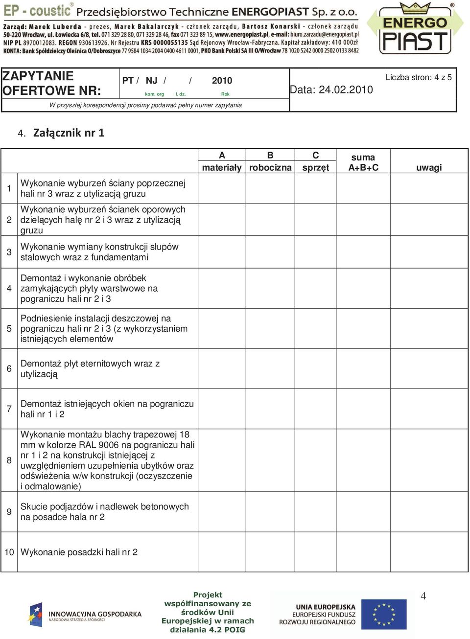 pograniczu hali nr 2 i 3 (z wykorzystaniem istniejących elementów A B C suma materiały robocizna sprzęt A+B+C uwagi 6 DemontaŜ płyt eternitowych wraz z utylizacją 7 8 9 DemontaŜ istniejących okien na