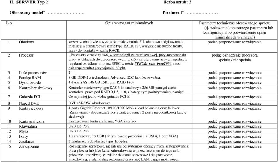 szafie typu RACK 19", wszystkie niezbędne fronty, szyny do montaŝu w szafie RACK 2 Procesor Procesory z rodziny x86, w technologii czterordzeniowej, przystosowane do pracy w układach