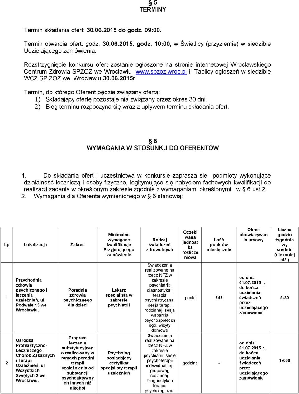 06.2015r Termin, do którego Oferent będzie związany ofertą: 1) Składający ofertę pozostaje nią związany przez okres 30 dni; 2) Bieg terminu rozpoczyna się wraz z upływem terminu składania ofert.