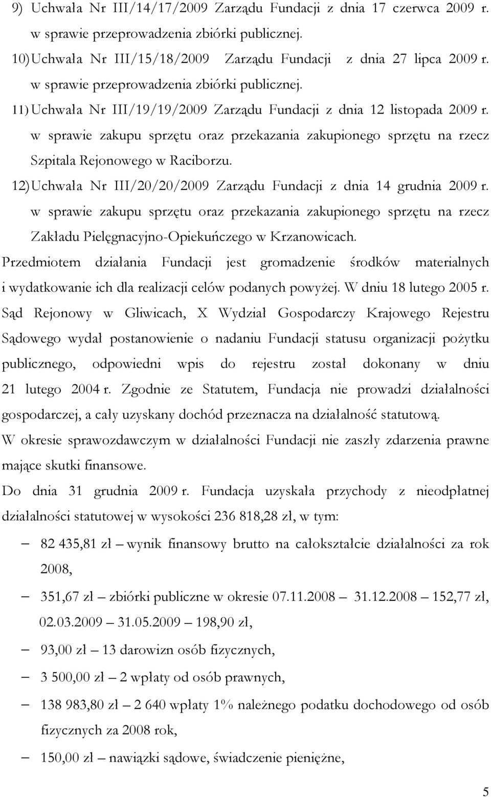 w sprawie zakupu sprzętu oraz przekazania zakupionego sprzętu na rzecz Szpitala Rejonowego w Raciborzu. 12) Uchwała Nr III/20/20/2009 Zarządu Fundacji z dnia 14 grudnia 2009 r.