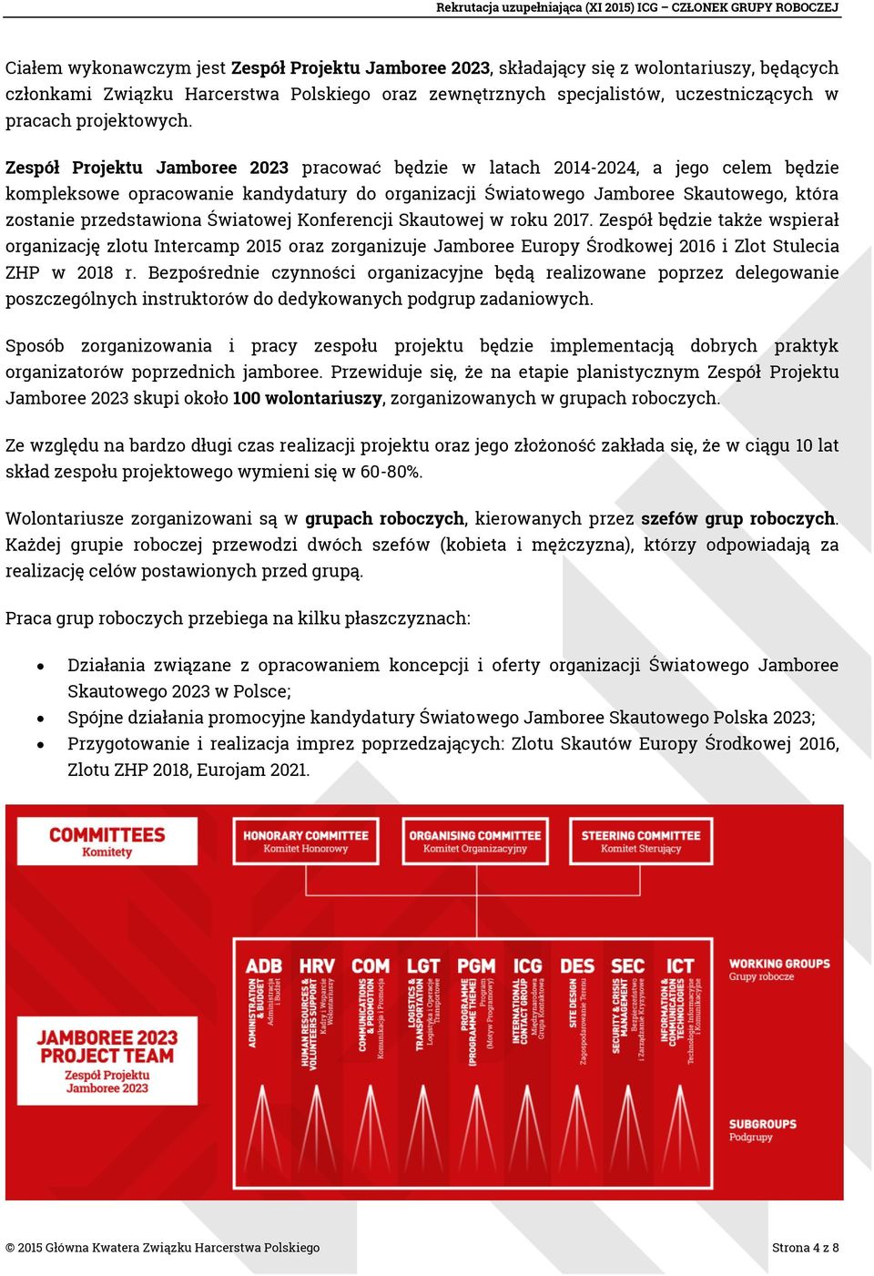 Zespół Projektu Jamboree 2023 pracować będzie w latach 2014-2024, a jego celem będzie kompleksowe opracowanie kandydatury do organizacji Światowego Jamboree Skautowego, która zostanie przedstawiona