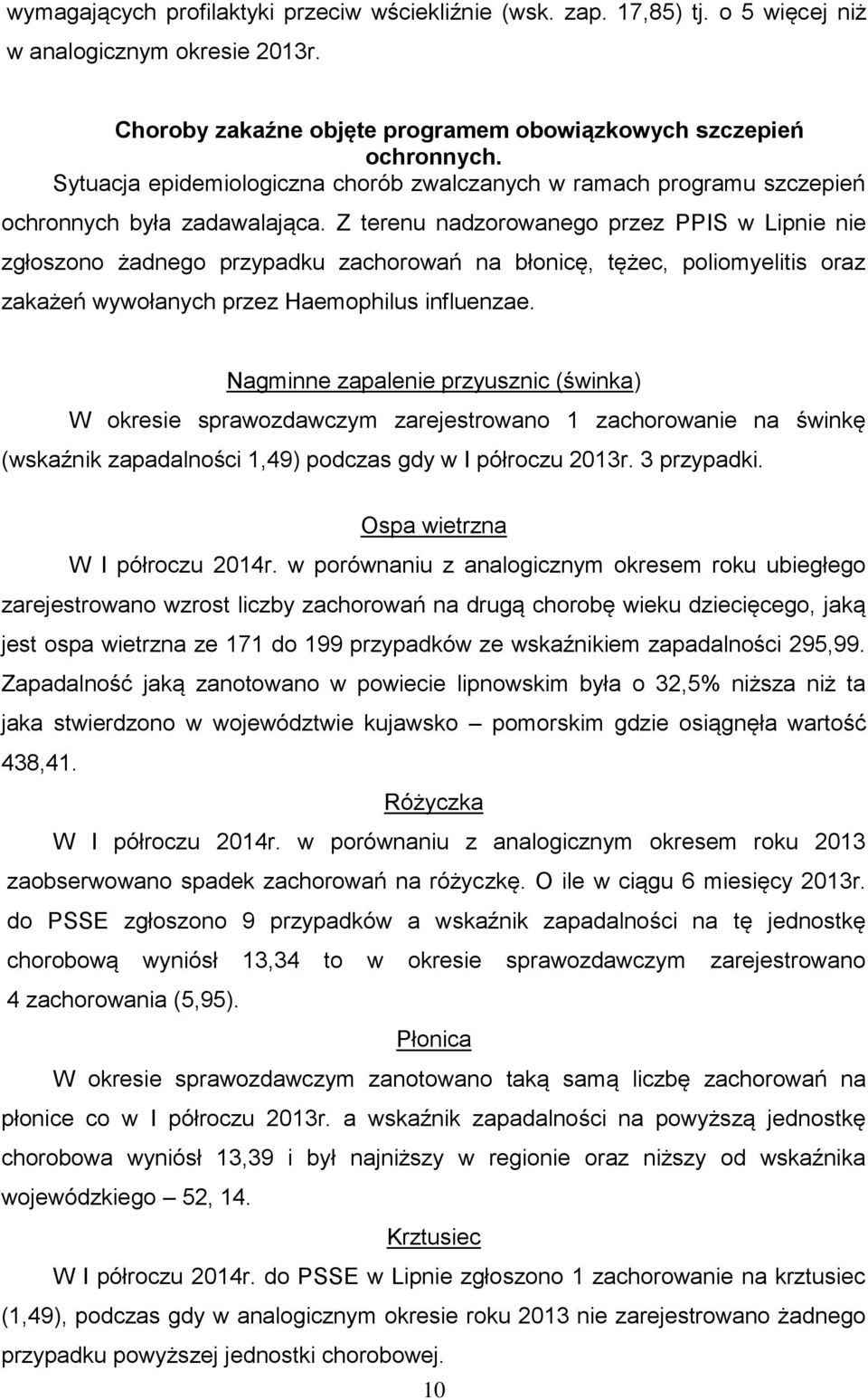 Z terenu nadzorowanego przez PPIS w Lipnie nie zgłoszono żadnego przypadku zachorowań na błonicę, tężec, poliomyelitis oraz zakażeń wywołanych przez Haemophilus influenzae.