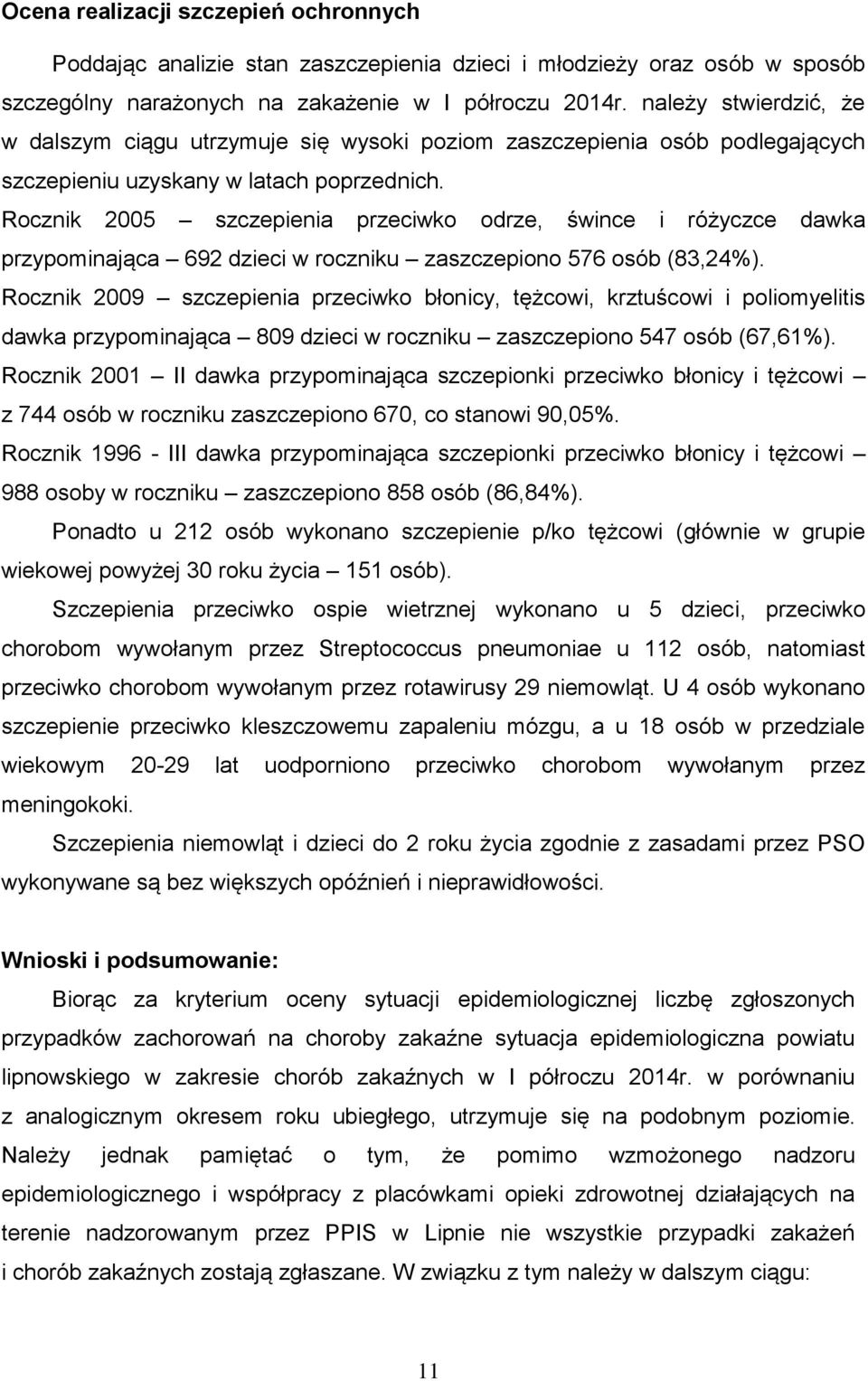 Rocznik 2005 szczepienia przeciwko odrze, śwince i różyczce dawka przypominająca 692 dzieci w roczniku zaszczepiono 576 osób (83,24%).